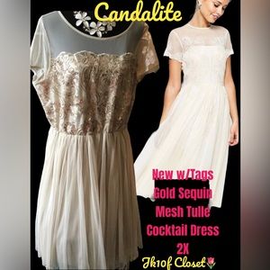 🌹NWT Candalite 2X GOLD SEQUIN & TULLE MIDI COCKTAIL DRESS